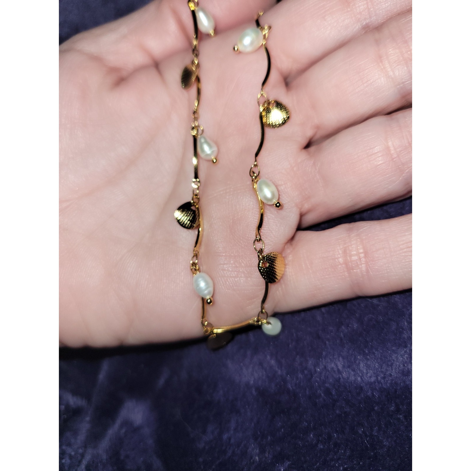 Oshena 18k Plated Shell & Pearl Charm Necklace. Teardrop, Ocean Theme.